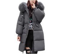 Women's Down Jacket Winter Mid-lenght Down Puffer Coats Ladies Lightweight Waterproof Jackets With Fur Hood Plus Size Slim Trench Coat Long Sleeve Warm Outwear Outdoor Hiking Jackets UK Size 10-18(Dar