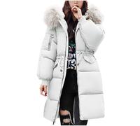 Women's Down Jacket Winter Mid-lenght Down Puffer Coats Ladies Lightweight Waterproof Jackets With Fur Hood Plus Size Slim Trench Coat Long Sleeve Warm Outwear Outdoor Hiking Jackets UK Size 10-18(Whi