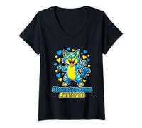 Women's Down Syndrome Awareness Blue Yellow Cat Hearts V-Neck T-Shirt