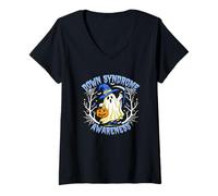 Womens Down Syndrome Awareness Ghost Halloween Support V-Neck T-Shirt