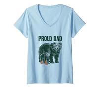 Women's Down Syndrome Dad Bear and Cub Linocut Proud Papa Art V-Neck T-Shirt
