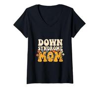 Women's Down Syndrome Mom Retro Groovy Wildflower Mama Design V-Neck T-Shirt