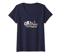 Women's Dr. Seuss Oh The Places You'll Go! Clouds V-Neck T-Shirt, Navy Blue, Large