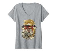 Women's Dragon and Nine Tailed Fox Japanese Mythology Art Print V-Neck T-Shirt