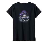 Women's Dragon Around Moon Fantasy Ocean Power V-Neck T-Shirt