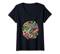 Womens Dragon Flowers Butterflies Beautiful Art Colorful Fantasy V-Neck T-Shirt