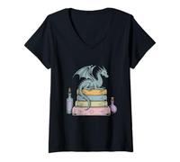 Womens Dragon Perched On A Stack Of Books Fantasy Novels Bookworm V-Neck T-Shirt
