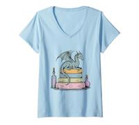 Womens Dragon Perched On A Stack Of Books Fantasy Novels Bookworm V-Neck T-Shirt
