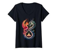 Womens Dragon Phoenix Infinity Symbol Yin Yang Balance V-Neck T-Shirt