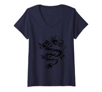 Women's Dragon Stencil Style Cut Out Illustration in Monotone Black V-Neck T-Shirt