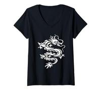 Women's Dragon Stencil Style Cut Out Illustration in Monotone White V-Neck T-Shirt