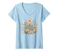 Women's Dragonfly and Wildflower Botanical Design V-Neck T-Shirt