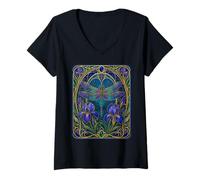 Women's Dragonfly Art Nouveau Iris Bloom V-Neck T-Shirt