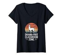 Womens Drama-Free Classroom Zone Llama Retro V-Neck T-Shirt