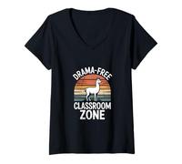 Womens Drama-Free Classroom Zone Llama Retro V-Neck T-Shirt