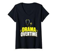 Women's Drama Overtime Funny Stethoscope Typography V-Neck T-Shirt