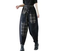 Womens Drawstring Elastic Waist Patchwork Harem Denim Pants Plaid Wide Leg Baggy Trousers Jeans