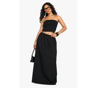 Womens Drawstring Waist Cotton Poplin Maxi Skirt - Black - 6, Black