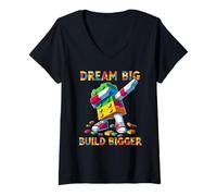 Womens Dream Big Build Bigger Funny Blocks Bricks Master Builder V-Neck T-Shirt