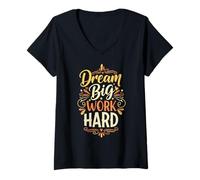 Women's Dream Big Work Hard Inspirational Motivation Typography V-Neck T-Shirt