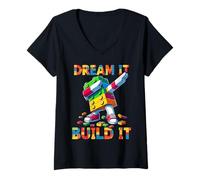 Womens Dream It Build It Funny Blocks Bricks Toy Master Builder V-Neck T-Shirt