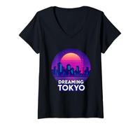 Womens Dreaming Tokyo Vaporwave Skyline V-Neck T-Shirt