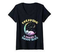 Womens Dreaming Under Starry Skies Cat Sleepts On Moon V-Neck T-Shirt