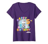 Women's DreamWorks Gabby's Dollhouse Happy 5th Birthday V-Neck T-Shirt, Purple, Large