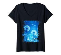 Womens Dreamy Dandelions in Blue Sky Show - Botanical Magic Print V-Neck T-Shirt
