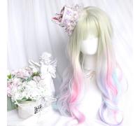Women's Dreamy Rainbow Multicolor Long Wavy Wigs Halloween Sweet Lolita Cosplay Wig Full Headband Synthetic Hair