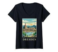 Women's Dresden Germany Riverfront Skyline Travel Art V-Neck T-Shirt
