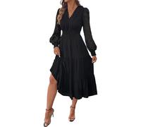Womens Dress Casual V Neck Long Lantern Sleeve Dresses Jacquard Lace High Waist Solid Color A-Line Trendy Dress Black