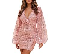 Womens Dress Deep V Neck Sequin Long Sleeve Waist Slim Mini Swing Solid Wine Party Dress Straight Formal Dresses for Women (Z01 Red, XXL)