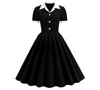 Women's Dress Elegant Retro French Hepburn Style Dress Lapel Short Sleeves Waist Slim Thin Big Swing Puff Dress Mid-Length High-end Temperament Party Dress Black