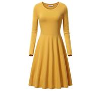 Women's Dress Plain A Line Swing Skater Dress Crew Neck Midi Dresses Casual Flared Long Sleeve Dress Fall Pleated Knee Length Dress Ladies Flowy Holiday Swing Loose Fit Dresses for Party Evening
