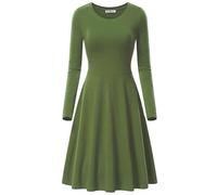 Women's Dress Plain A Line Swing Skater Dress Crew Neck Midi Dresses Casual Flared Long Sleeve Dress Fall Pleated Knee Length Dress Ladies Flowy Holiday Swing Loose Fit Dresses for Party Evening