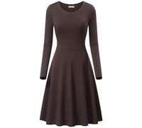 Women's Dress Plain A Line Swing Skater Dress Crew Neck Midi Dresses Casual Flared Long Sleeve Dress Fall Pleated Knee Length Dress Ladies Flowy Holiday Swing Loose Fit Dresses for Party Evening