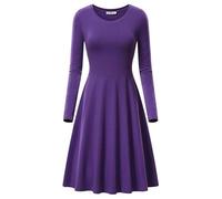 Women's Dress Plain A Line Swing Skater Dress Crew Neck Midi Dresses Casual Flared Long Sleeve Dress Fall Pleated Knee Length Dress Ladies Flowy Holiday Swing Loose Fit Dresses for Party Evening