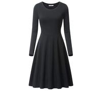 Women's Dress Plain A Line Swing Skater Dress Crew Neck Midi Dresses Casual Flared Long Sleeve Dress Fall Pleated Knee Length Dress Ladies Flowy Holiday Swing Loose Fit Dresses for Party Evening