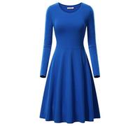 Women's Dress Plain A Line Swing Skater Dress Crew Neck Midi Dresses Casual Flared Long Sleeve Dress Fall Pleated Knee Length Dress Ladies Flowy Holiday Swing Loose Fit Dresses for Party Evening Blue