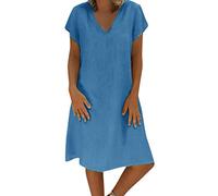 Women's Dress Plus Size V Neck Midi Summer Style Feminino Vestido T-Shirt Casual Ladies Sleeve A-line Womens Midi Dresses for Fall Without Accessories (Blue, XL)