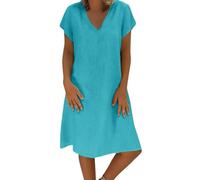 Women's Dress Sale Clearance Summer Cotton Linen Dresses Casual V Neck Midi Dress Short Sleeve A-line Dress Sundress Tunic Dress Without Accessories UK Solid Color Loose Fit Casual Dresses S-4XL