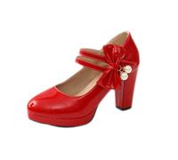 Women's Dress Shoes for Wedding Guest Dressy, Comfortable Prom Party Platform Mary Jane Heels, Closed Round Toe Bow Chunky Heels Pumps Red