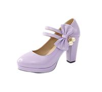 Women's Dress Shoes for Wedding Guest Dressy, Comfortable Prom Party Platform Mary Jane Heels, Closed Round Toe Bow Chunky Heels Pumps Purple