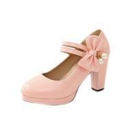 Women's Dress Shoes for Wedding Guest Dressy, Comfortable Prom Party Platform Mary Jane Heels, Closed Round Toe Bow Chunky Heels Pumps Pink