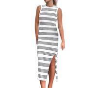 Women's Dress Sleeveless Summer Dresses for Women UK Bodycon Sundresses Casual Dress Midi Striped Dress Knit Side Slit Long Tank Dress Round Neck Stretch Lightweight Dress Spring Dress White
