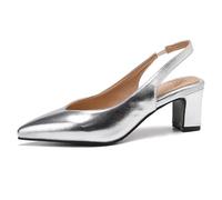 Women's Dress Slingback Heels with Pointed Metallic Toe, Elegant Kitten Block Heels, Evening Pumps with Adjustable Strap for Romantic Dinners and Cocktail Events,Silver,4.5 UK