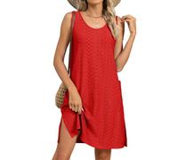 Womens Dress Summer Kaftans Women Full Length Plus Size Dresses For Summer Loose Fit Solid Color Sleeveless Mini Tank Dress with Split Neck Short Beach Sundress Bohemia Holiday Boho Dresses (Red, XXL)