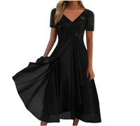 Womens Dresses 2024 Lace Short Sleeve V Neck Skater Dresses Elegant Classy A Line Flared Flowy Chiffon Midi Dress Summer Casual Solid Color Beach Holiday Sundress Tiered Dress