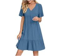 Women's Dresses Dresses for Women UK Summer Short Sleeve V Neck Dress Fashion Beach Casual Loose Boho Ruffle A Line Swing Gowns 2025 Business Dress for Womens Bubble Wrinkles
